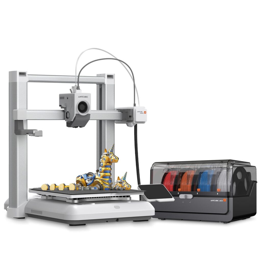 Anycubic Kobra 4 Combo 3D printer with ACE 2 Pro four-color filament dryer.
